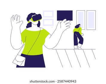 Museum virtual visit abstract concept vector illustration. Woman in VR glasses at museum, virtual and augmented reality exhibition, modern technology, digital excursion abstract metaphor.