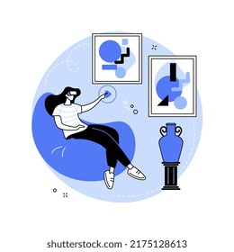 Visita virtual al museo ilustraciones aisladas de vectores de dibujos animados. Gafas de mujer en VR en el museo, exhibición de realidad virtual y aumentada, tecnología moderna, caricatura de vector de excursión digital.