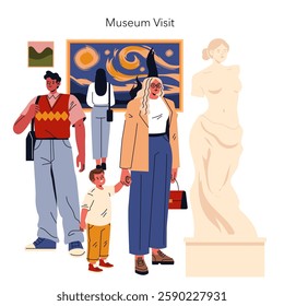 Museum Visit concept. A family enjoying their day at a museum, engaging with art and culture. The scene captures moments of exploration, education, and inspiration, showcasing diverse visitors