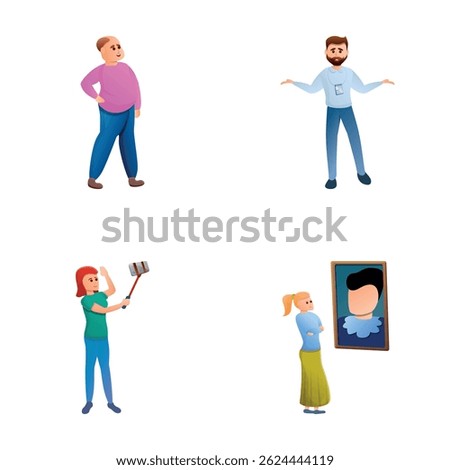 Museum visit icons set cartoon vector. People tourist at an art exhibition. Excursion, art