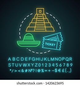 Museum visiting neon light concept icon. Family activities with kids idea. Educational and entertaining museum trips. Glowing sign with alphabet, numbers and symbols. Vector isolated illustration