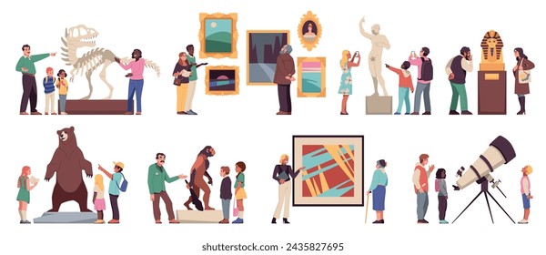 Museum visitors characters. People looking ancient exhibits and modern art, guides tell story of objects, self education, artistic and historical and scientific exhibition cartoon tidy vector set