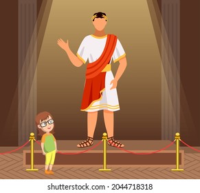 Museum visitors group of small children looking at classical figure of roman citizen emperor character, museum guide telling kids about historical person, people viewing museum exhibit on excursions