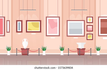 Museum visitors looking at classical work of art, museum guide telling girl about exhibits, people attending museum horizontal vector Illustration