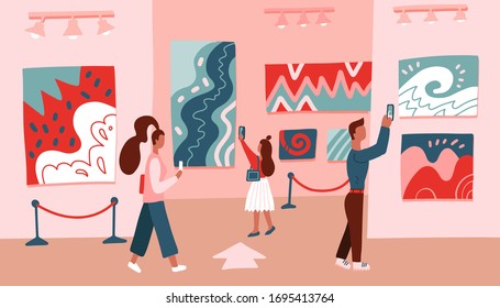 Museum visitors looking at modert abstract art painting hanging on gallery wall. People viewing museum exhibit. Exhibition visitors taking pictures on the phone paintings at contemporary art gallery
