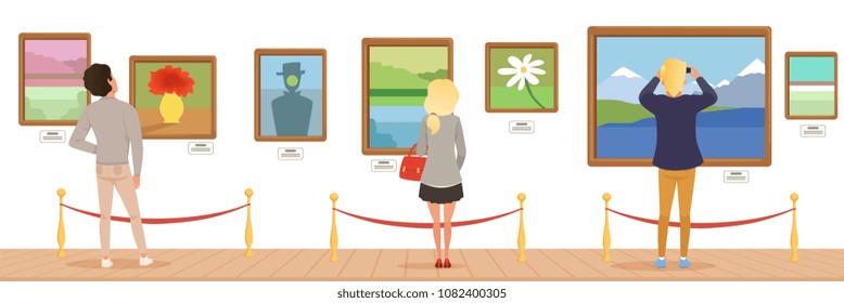 Museum visitors looking at paintings hanging on gallery wall, people attending museum horizontal vector Illustration