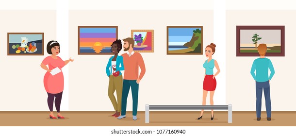 Museum Visitors People In Art Exhibition Gallery Museum Taking Tour With Guide And Looking Pictures Photos Vector Illustration.