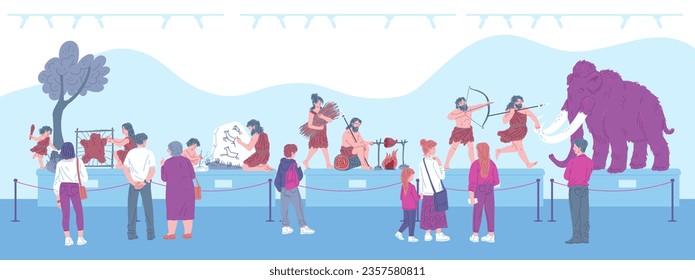 Museum visitors standing in art gallery. Tourists enjoying expositions about life tribe family cavemen ancient people, mammoth. Vector illustration of excursion old time culture