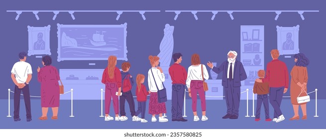 Museum visitors standing in art gallery, listening to the male tour guide. Tourists enjoying expositions paintings, sculptures, famous artworks, landmarks. Vector illustration of excursion on dark