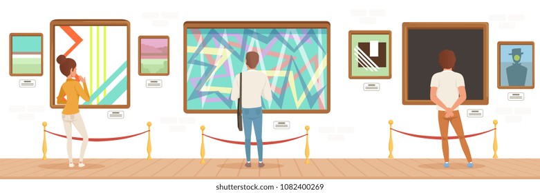 Museum visitors standing in modern art gallery in front of colorful paintings, people attending museum horizontal vector Illustration