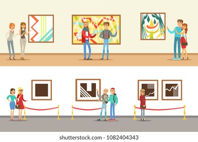 Museum Visitors Taking A Museum Tour With And Without A Guide Looking At Art And Science Exhibitions Set OF Illustrations