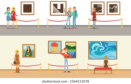 Museum Visitors Taking Museum Tour With And Without Guide Vector Illustrations