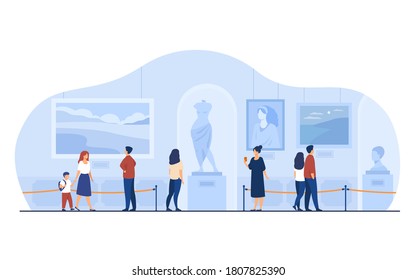 Museum visitors walking in art gallery. Tourists enjoying exposition, admiring artworks at exhibition. Vector illustration for excursion, people and culture concept.