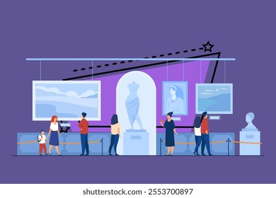 Museum visitors walking in art gallery. Tourists enjoying exposition, admiring artworks at exhibition. Vector illustration for excursion, people and culture concept.