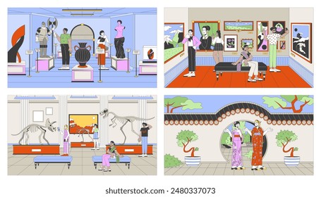 Museums art exhibitions cartoon flat illustrations set. Diversity tourists 2D line characters colorful backgrounds collection. Dinosaur skeleton exhibit, moon gate scenes vector storytelling images