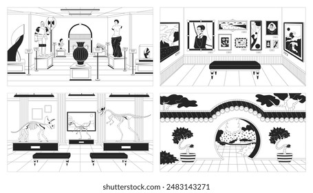 Museums art galleries black and white line illustrations set. Exhibition paintings 2D interiors monochrome backgrounds collection. Dinosaur skeletons, historical exhibits outline scenes vector images