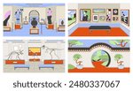 Museums art galleries cartoon flat illustrations set. Exhibition paintings 2D line interiors colorful backgrounds collection. Dinosaur skeletons, historical exhibits scenes vector storytelling images