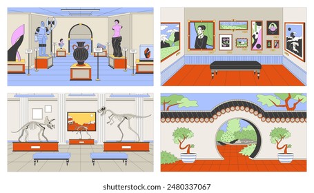 Museums art galleries cartoon flat illustrations set. Exhibition paintings 2D line interiors colorful backgrounds collection. Dinosaur skeletons, historical exhibits scenes vector storytelling images