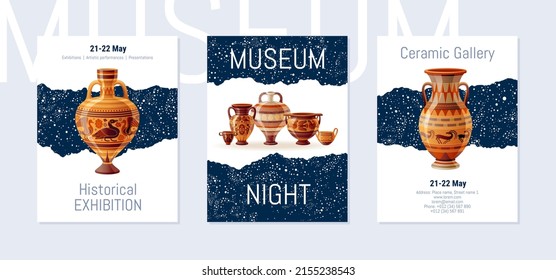 Museums Night poster on stary sky background. Modern vector illustration design with ancient greek, roman clay vase, amphora. Ancient ceramic art design set. Pottery brochure. Museum Night poster set