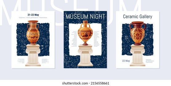 Museums Night poster on stary sky background. Modern vector illustration design with ancient greek, roman clay vase, amphora. Ancient ceramic art design set. Pottery brochure. Museum Night poster set