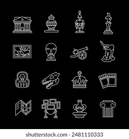 Museums, white line icons. Museum exhibits and cultural symbols. Ideal for education and tourism themes. Symbols on black background. Editable stroke.