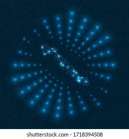 Musha Cay digital map. Glowing rays radiating from the island. Network connections and telecommunication design. Vector illustration.