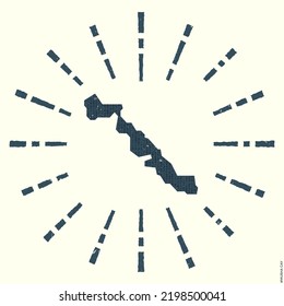 Musha Cay Logo. Grunge sunburst poster with map of the island. Shape of Musha Cay filled with hex digits with sunburst rays around. Vibrant vector illustration.
