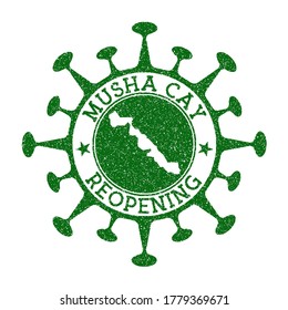 Musha Cay Reopening Stamp. Green round badge of island with map of Musha Cay. Island reopening after lockdown. Vector illustration.