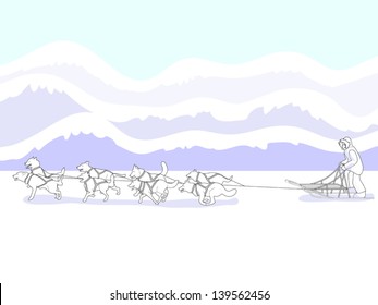 Musher and dog sled team, bold, colorful vector with clearly labeled layers for easy edits.