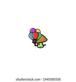 Mushrom Hold Balloon  Cartoon Character Vector Illustration Design. Outline, Cute, Funny Style. Recomended For Children Book, Cover Book, And Other.