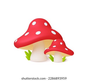 Mushroom 3d composition. Amanita isolated realistic elements, autumn forest plants. Trendy render vector graphic