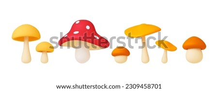 Mushroom 3d render collection. Mushrooms isolated clipart, autumn forest elements. Fly agaric, toadstools and edible. Food ingredients raw, vector set