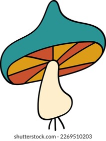 Mushroom in 70s or 60s Retro Trippy Style. Amanita 1970 Icon. Seventies Groovy Flowers. Cartoon Childish Doodle Hand Drawn Vector Illustration.