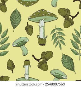 mushroom, acorn doodles fresh green elements seamless pattern for packaging, branding, menu, wallpaper, fashion, textile, leaves, vintage vector artwork