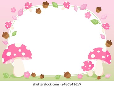 mushroom and acorn in the spring forest theme frame, vector illustration