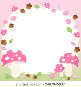 mushroom and acorn in the spring forest theme frame, vector illustration