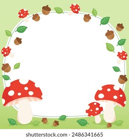 mushroom and acorn in the summer forest theme frame, vector illustration