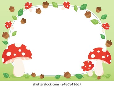 mushroom and acorn in the summer forest theme frame, vector illustration