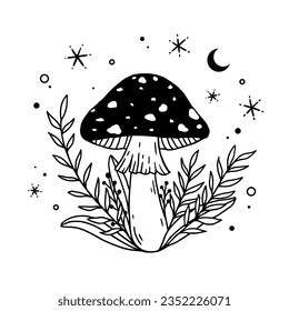 Mushroom Aesthetic, Mystical mushroom outline vector clipart. magic boho celestial line art