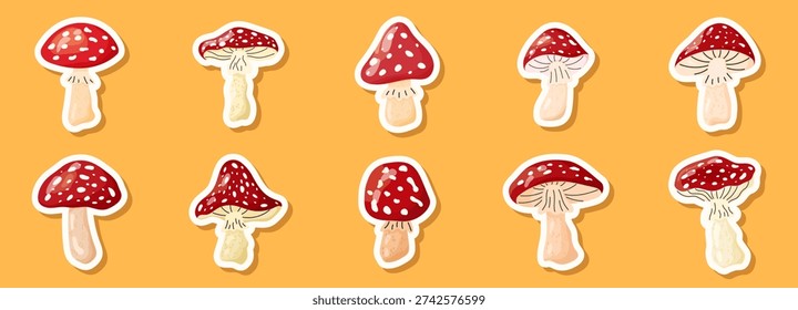 Mushroom agaric psychedelic and red toadstool amanita with set vector forest. Fly fungi illustration and isolated poisonous flyagaric with background design fairytale. Pattern mushroom cap