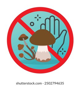 Mushroom allergy sign illustrate with cute cartoon, hand and warning sign in red line