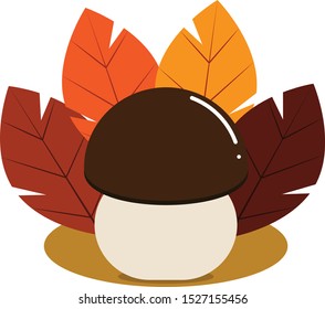 mushroom among colorful autumn leaves