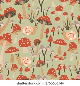 Mushroom and animals repeat pattern. Nursery art background. Children's fabric pattern design. Cute children decoration.