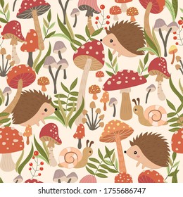 Mushroom and animals repeat pattern. Nursery art background. Children's fabric pattern design. Cute children decoration.