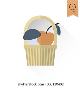 Mushroom and Apple in a Basket. Single Flat Autumn Icon . Simple and Minimalistic Style. Vector