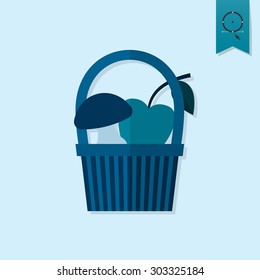 Mushroom and Apple in a Basket. Single Flat Autumn Icon . Simple and Minimalistic Style. Vector