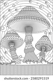 Mushroom art adult coloring page outline vector