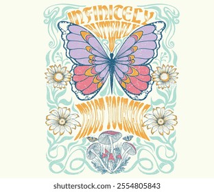 Mushroom art. Infinitely butterfly trust yourself. Stay positive. Butterfly with flower artwork for t shirt print, poster,  background and other uses. Spring flower. Let your dreams be your wings.