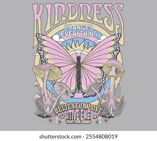 Mushroom artwork. Kindness change everything.  Fly your inner butterfly. good vibes. Butterfly with flower artwork for t shirt print, poster, sticker, background and other uses. Spring flower.