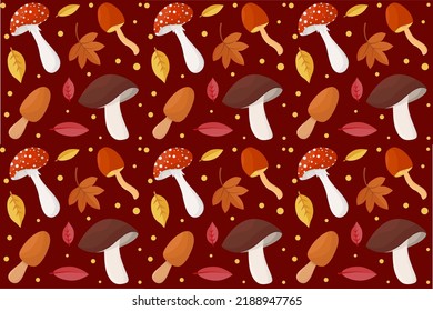
Mushroom autumn forest pattern. Vector pattern with a set of autumn mushrooms and yellowed autumn leaves